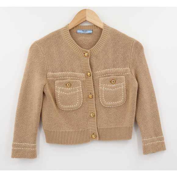 Prada Women's Cotton Cardigan Bold Button Accent Long Sleeve Beige Khaki Sz XS - Picture 2 of 11